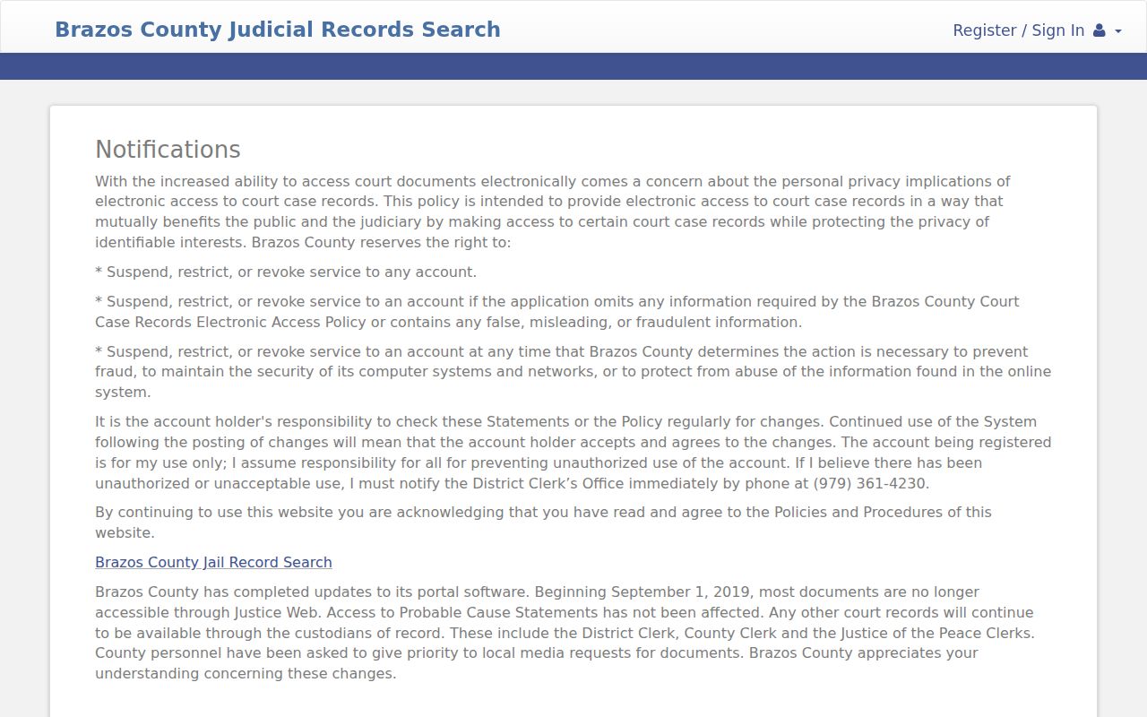 Brazos County Justice Web court record search landing page