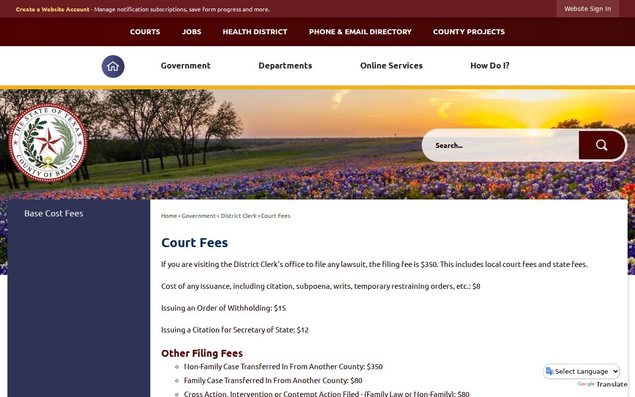 Brazos County criminal docket copy and certification fees