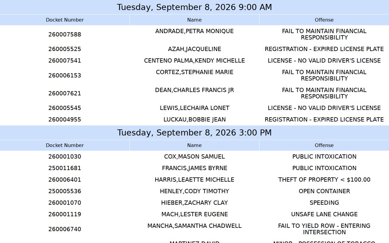 Bryan court docket weekly municipal schedule